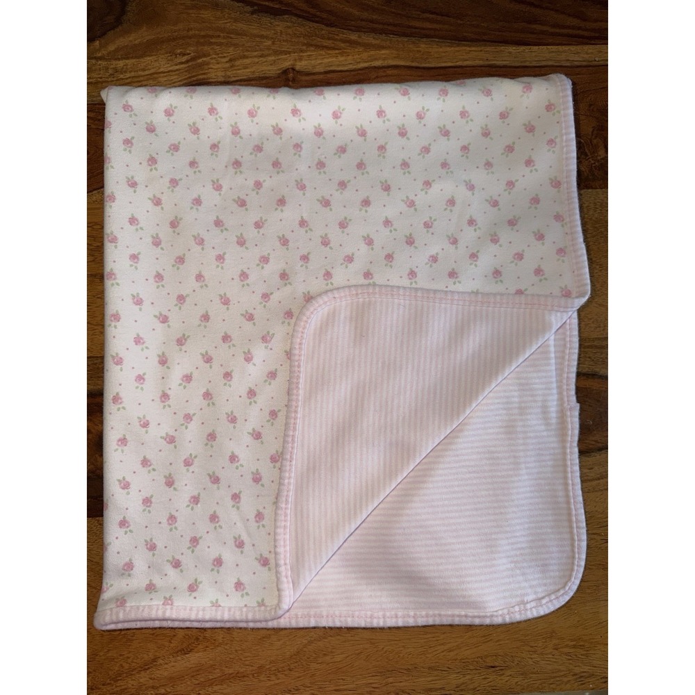 Rare Girl Carter's Cotton Baby Blanket Pink White Stripe Flower Floral Vtg EUC